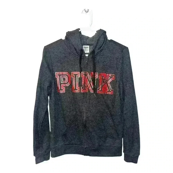 Victoria's Secret Pink Tops - PINK Gray/Red Logo Full Zip Hoodie, Medium